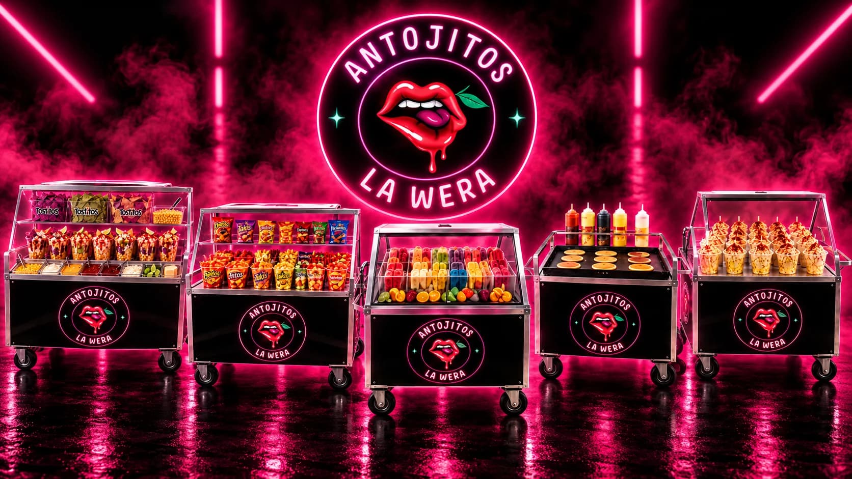 Stylized Antojitos La Wera promotional graphic with a pink neon logo and catering carts
