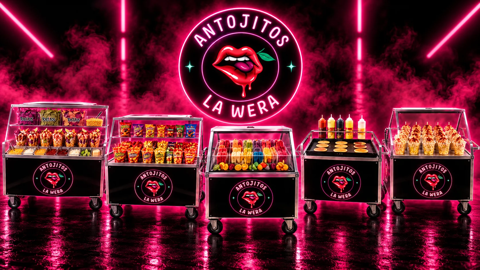 Gráfico promocional de Antojitos La Wera con un logotipo rosa de neón y carritos de servicio