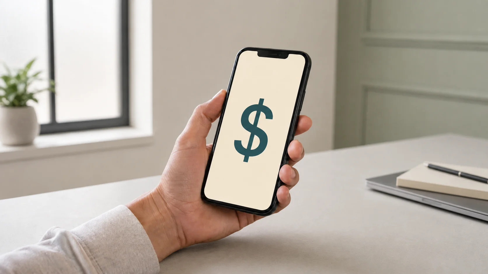 A hand holding a phone with one large dollar symbol on its screen in a bright workspace