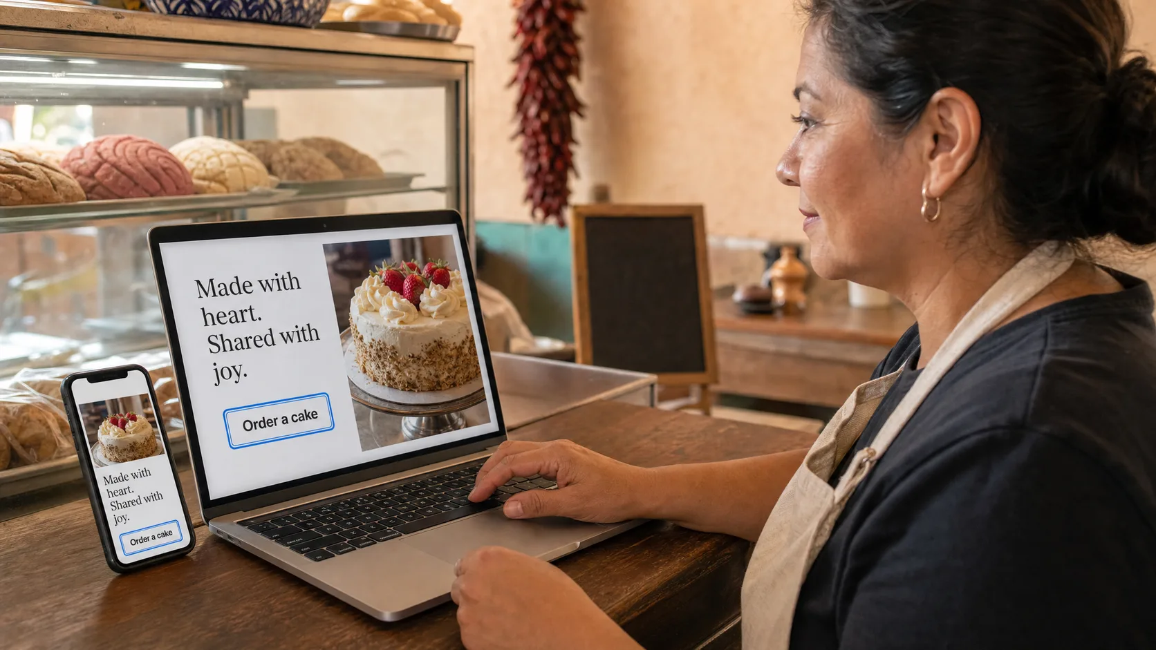 A business owner tabs through a bakery website on a laptop while checking the same page on a phone.