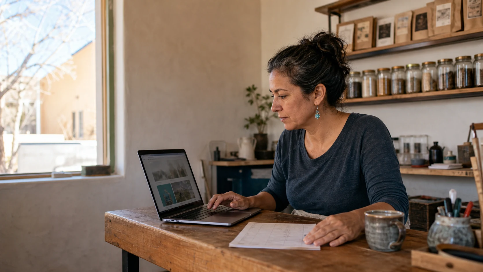 Small-business owner reviewing a website on a laptop at the counter of a New Mexico shop