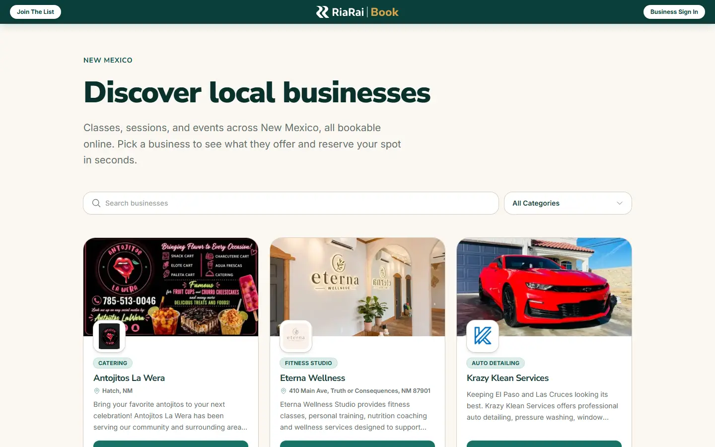 El directorio de RiaRai Book en book.riarai.com, con negocios locales por categoría y un buscador